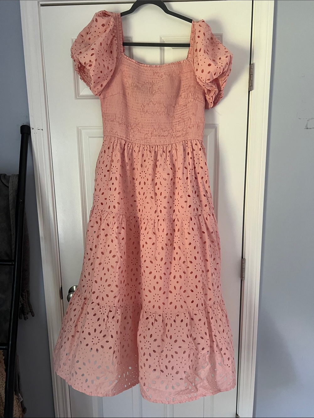 Smocked Puff-Sleeve Maxi Dress in Pink